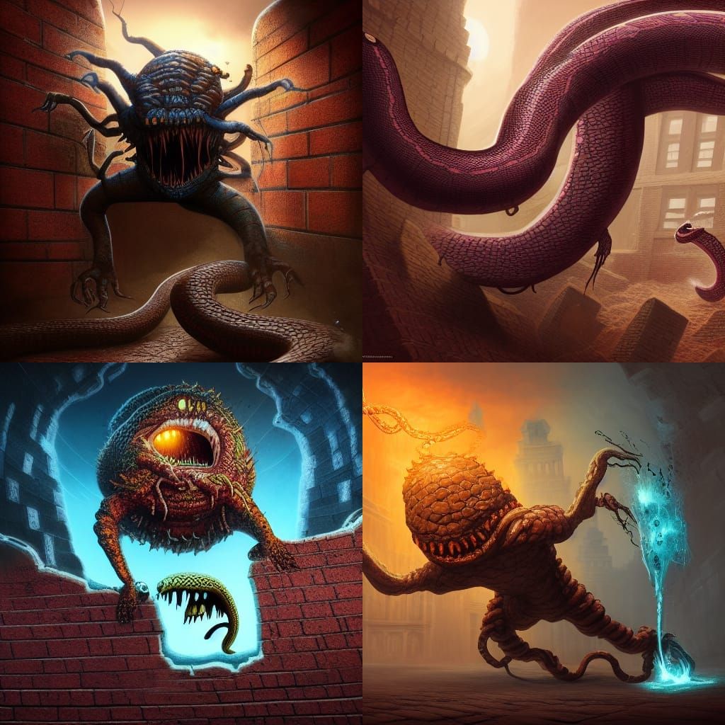 Unholy creature bursting through a brick wall and grabbing t...
