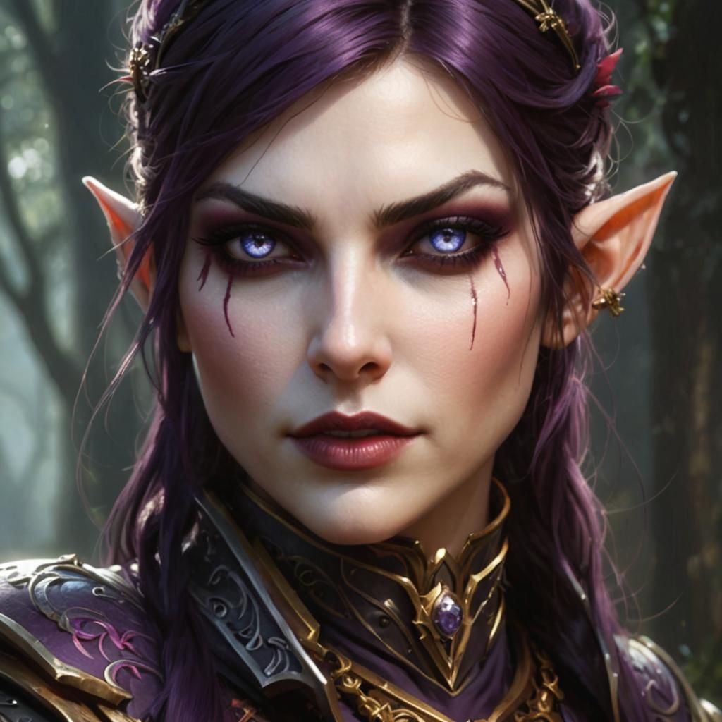 High Fantasy Epic Attractive Female Elven Death Knight, Dark Purple 