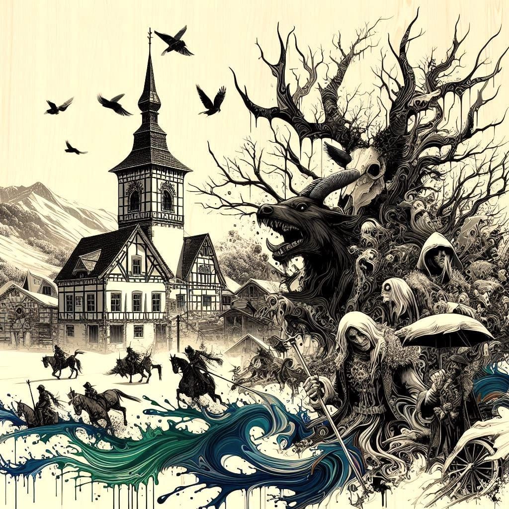 Winter is coming to Bosch Hell, liquid ink splatter, Dürer.