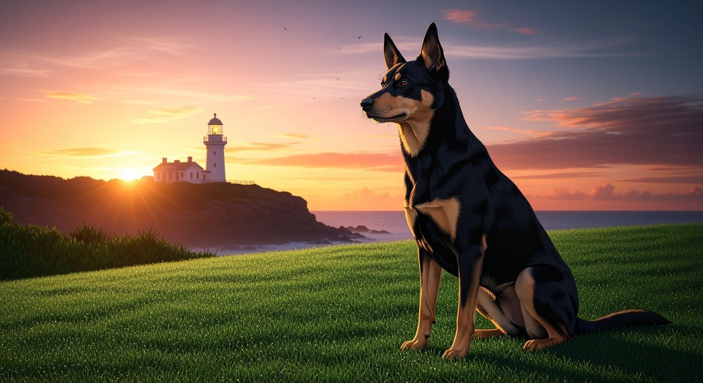 a hyperrealistic digital picture of an australian kelpie with black and tan fur,soft and shiny,  sitting on lush green grass with a sunrise ...
