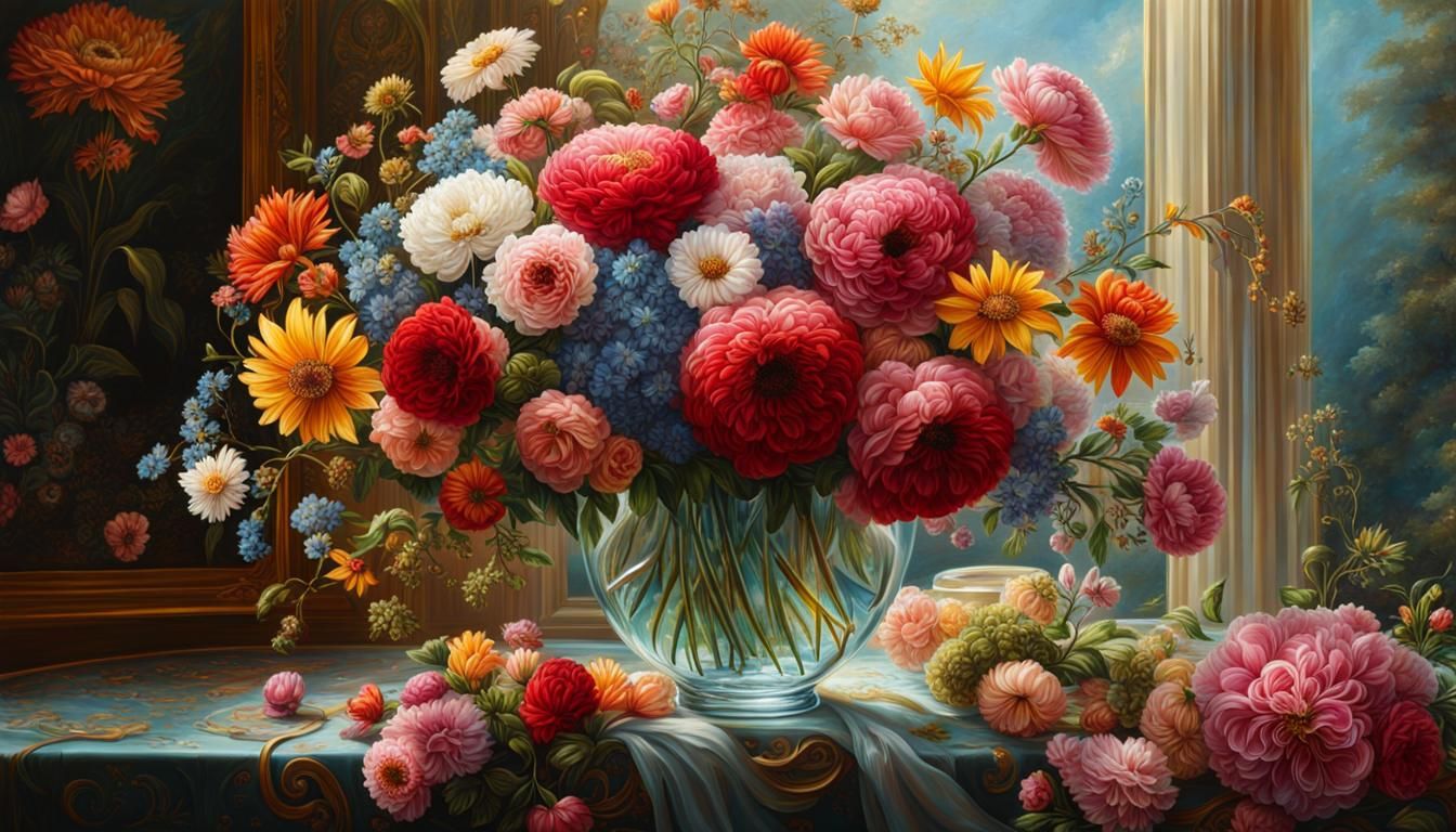 & Large Flower Bouquet in a Glass Vase on the floor fantasy intricate elegant highly detailed digital ...  by @Lennis