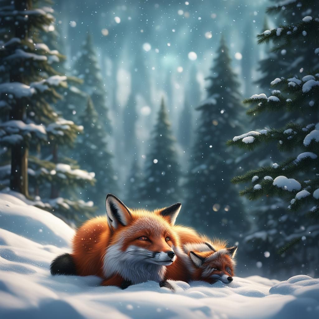 A fox laying on his back playing in the falling snow with ev...
