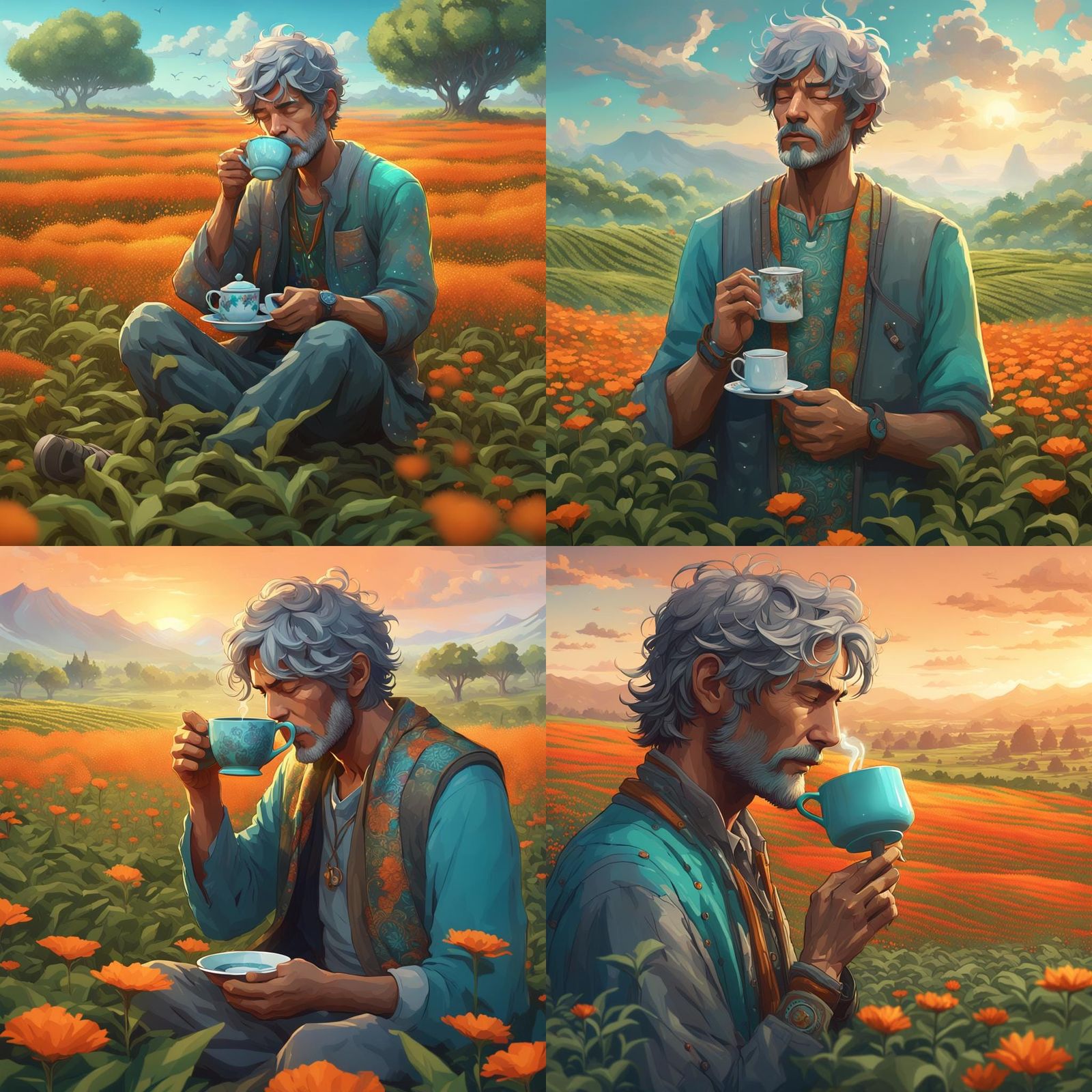 Hippie Man's Serene Tea Time: Hyperdetailed Concept Art