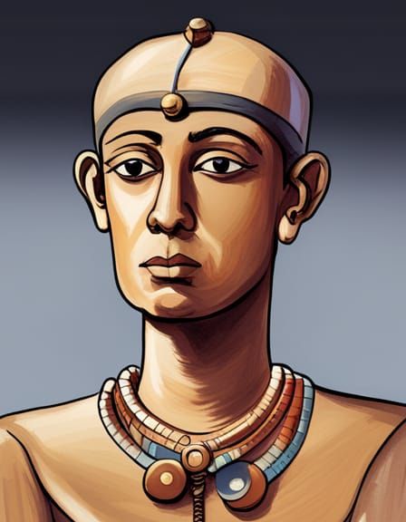 King Tut, in his pharaonic clothes, portrait,cartoon by Quentin Bell ...