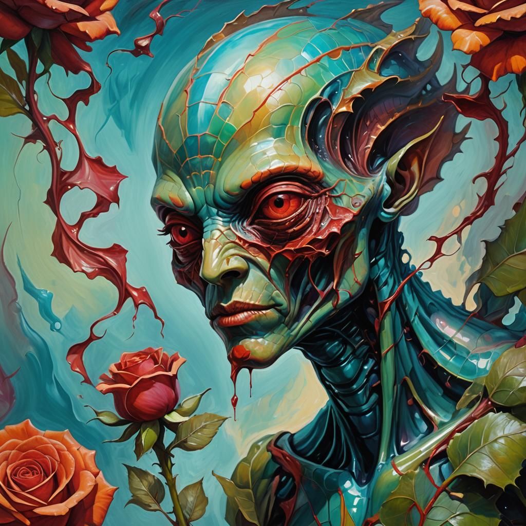 Create an inquisitive alien smelling a vibrant red rose and ...