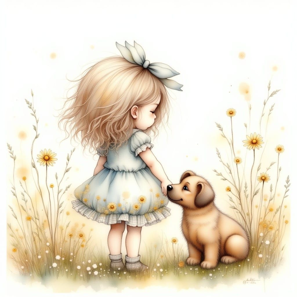 <lora:Cute Vintage flux:1.0> Ink and watercolour. Adorable little girl with her pet puppy in a field. Cute adorable sweet sentimental 