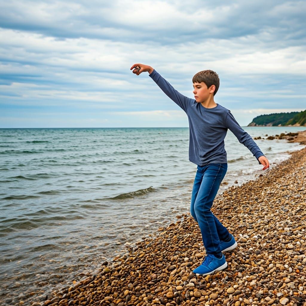 Melancholic Teenager Throwing Stones on Rocky Beach