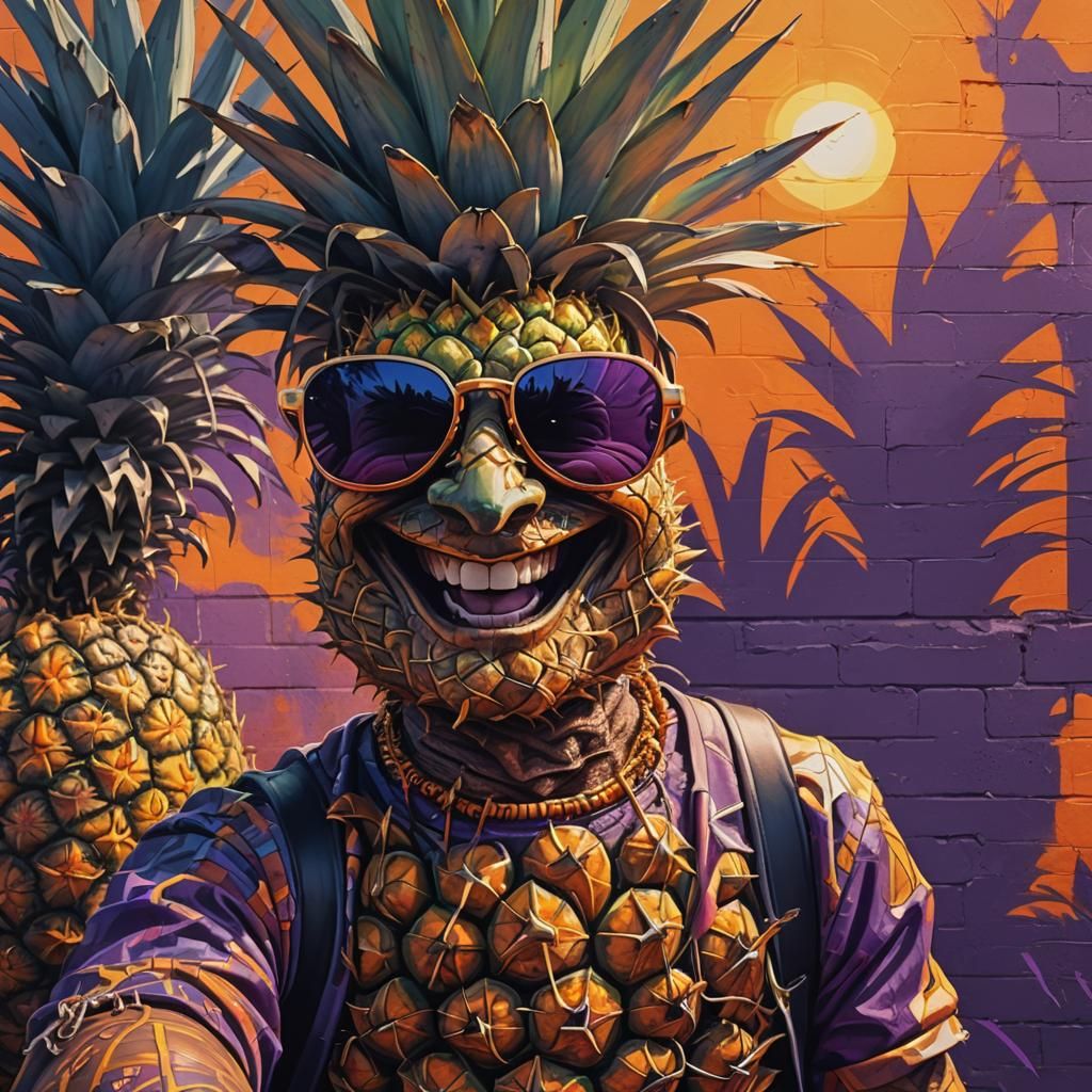 Pineapple Man Laughing in Sunset: Graffiti Art