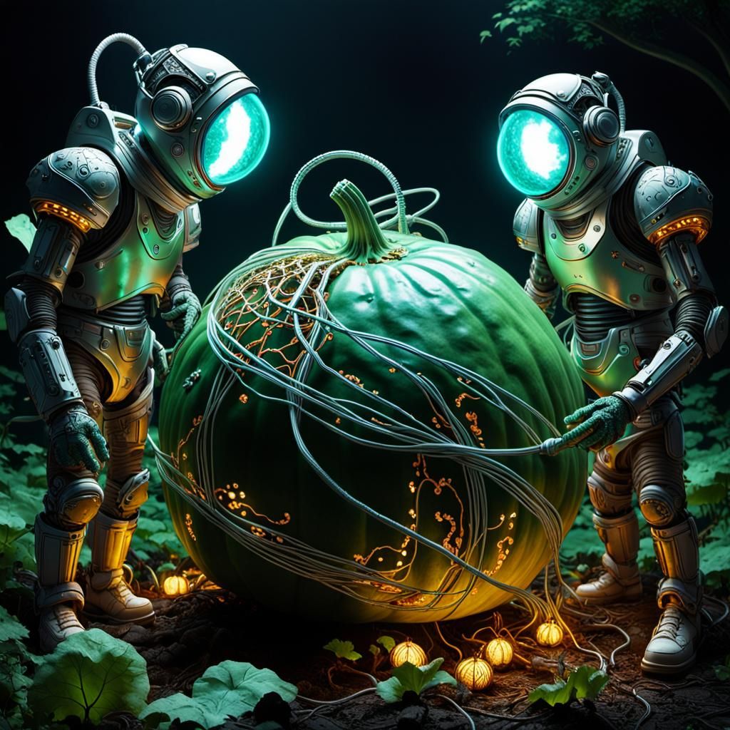 A large gourd the vines are futuristic electric wires tended to by dwarf astronauts working to expand ...  by @Awed