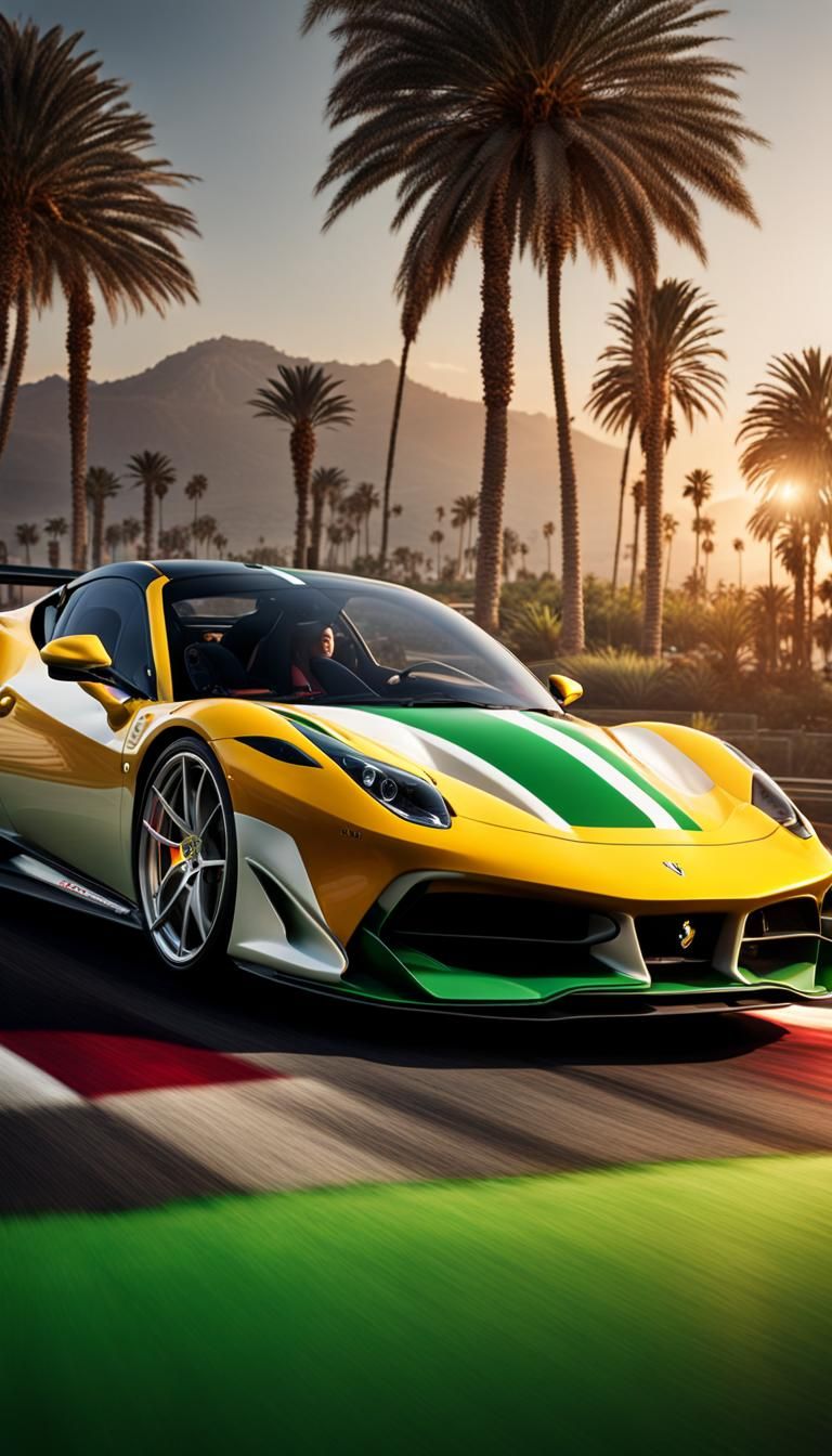 Hyperrealistic photo of a ferrari car white and green, palm ...
