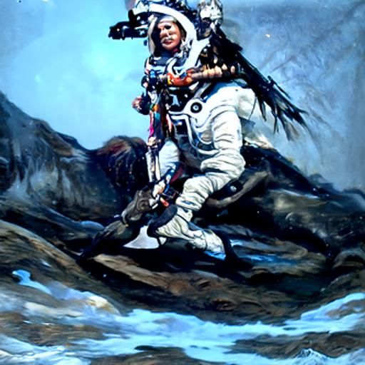 native american riding a horse on outer space