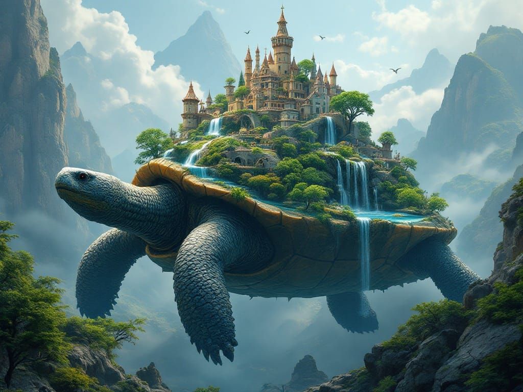 A colossal giant turtle carrying a wonderland kingdom of multiple levels with waterfalls and lakes, trees ...  by @Kindly Offer