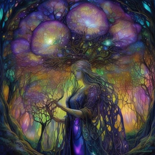 <lora:PR V8 Stained Glass:1.0> A vintage automobile, meticulously crafted from intricate spiderwebs, rests abandoned in a misty, enchanted f...