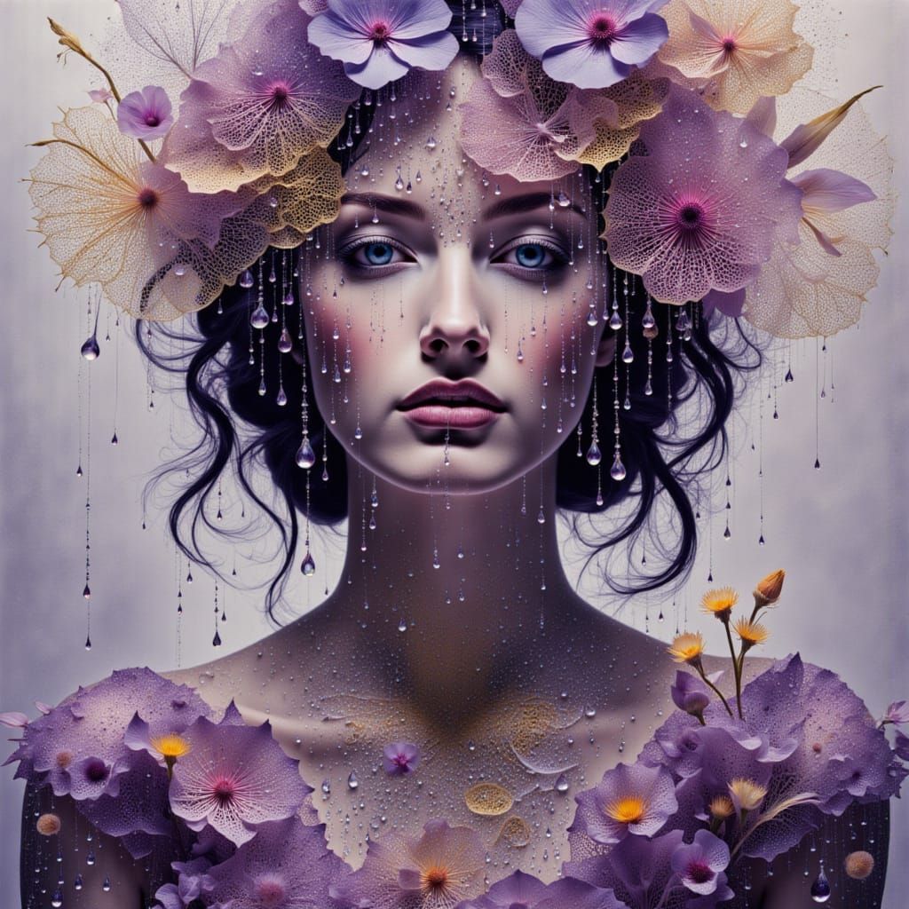 Imagine a mixed media art piece that is soft and purple with a double exposure of rain turning into a mixed color person filled with zentang...