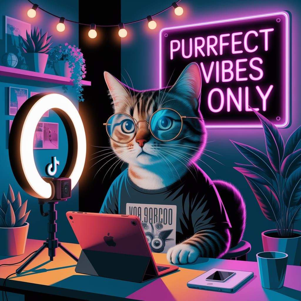 A Gen Z cat sits at a desk, bathed in the soft glow of a ring light, recording a TikTok video with a tablet in paw. The ...