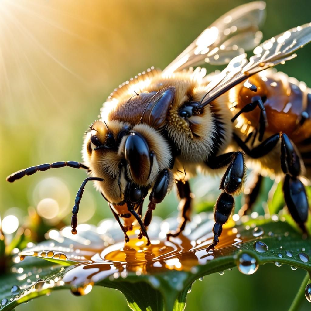 Close-up macro photography of a bee drinking honey. Dew drops reflect ...