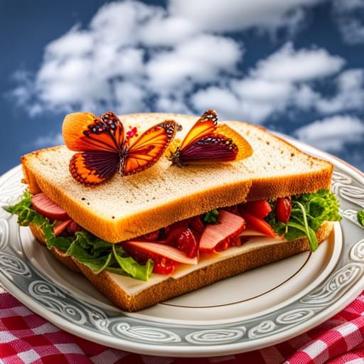 A sandwich with a filling of butterflies, cut in two, on a p...