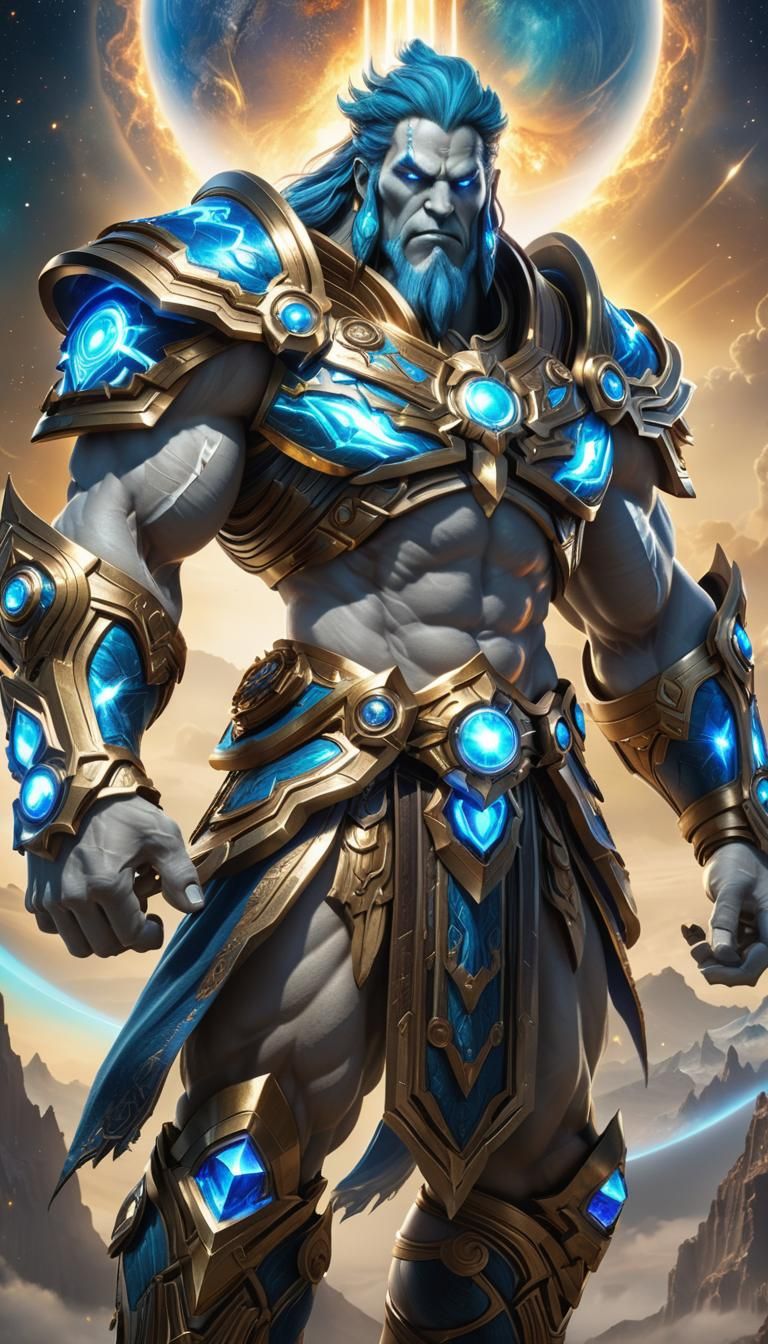 High fantasy epic male Legendary celestial Titan creator of the galaxy wearing celestial clothes| scenic divine light background, high detai...