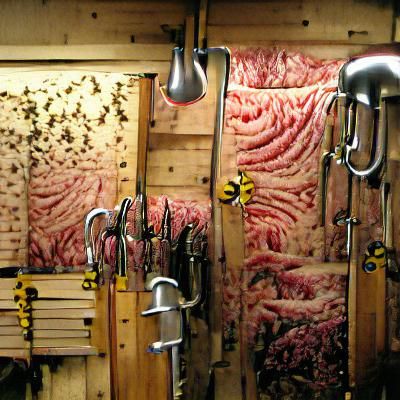 Meatroom filled with hooks and bees