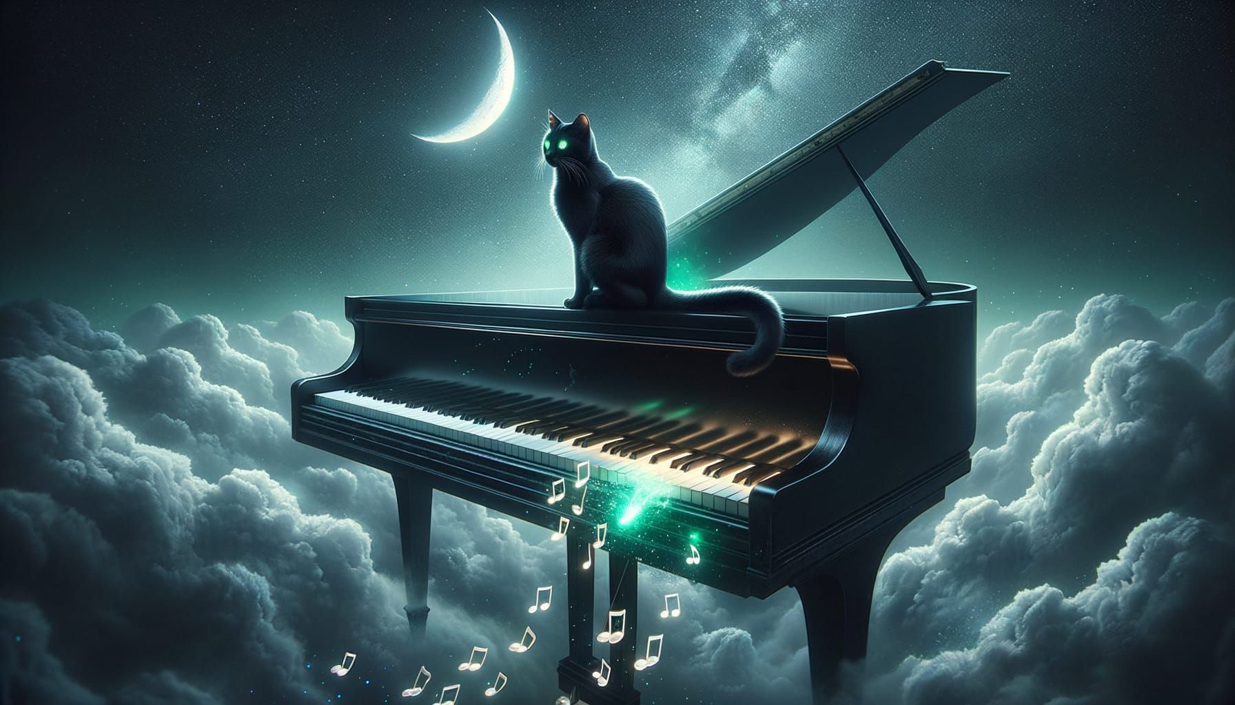 Visualize a surreal scene where a sleek black cat with luminous green eyes is perched on the edge of a massive, floating grand piano suspend...
