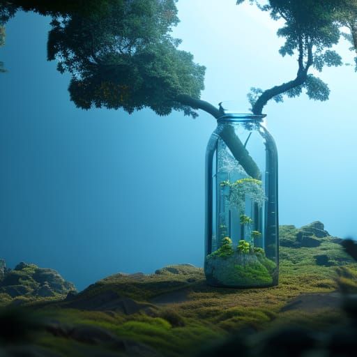 path through a glass corked bottle sunset in a forest
