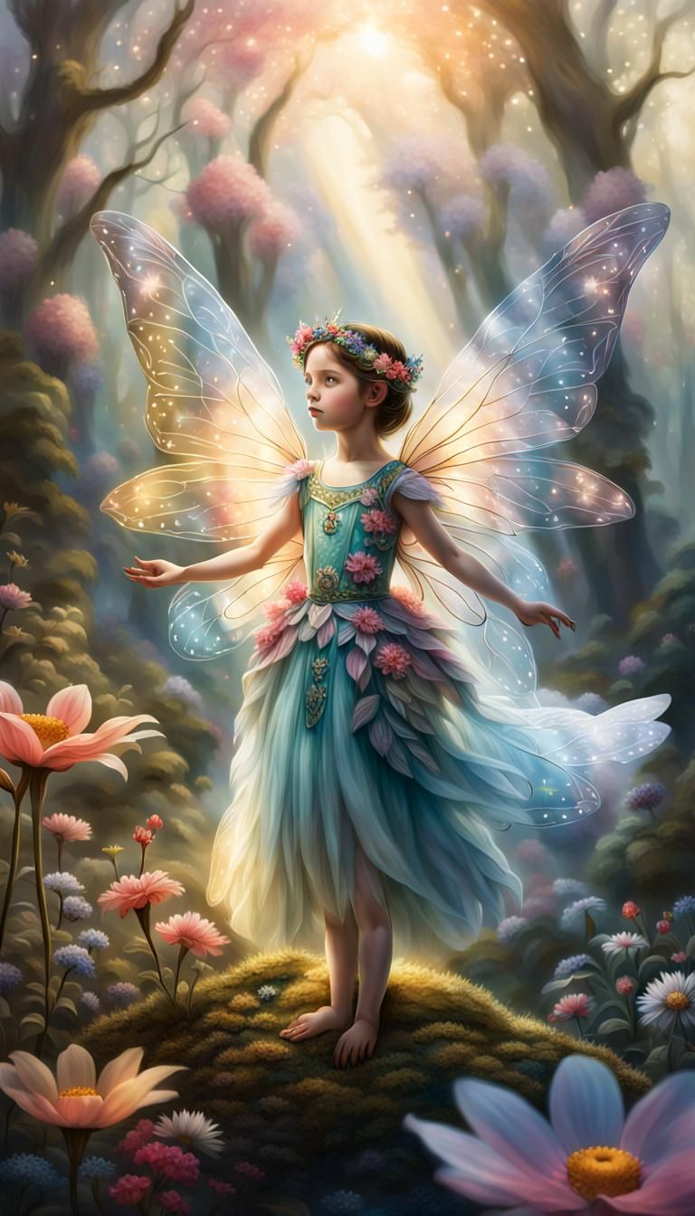 Ethereal fairy child, intricate wings, detailed colorful dre...