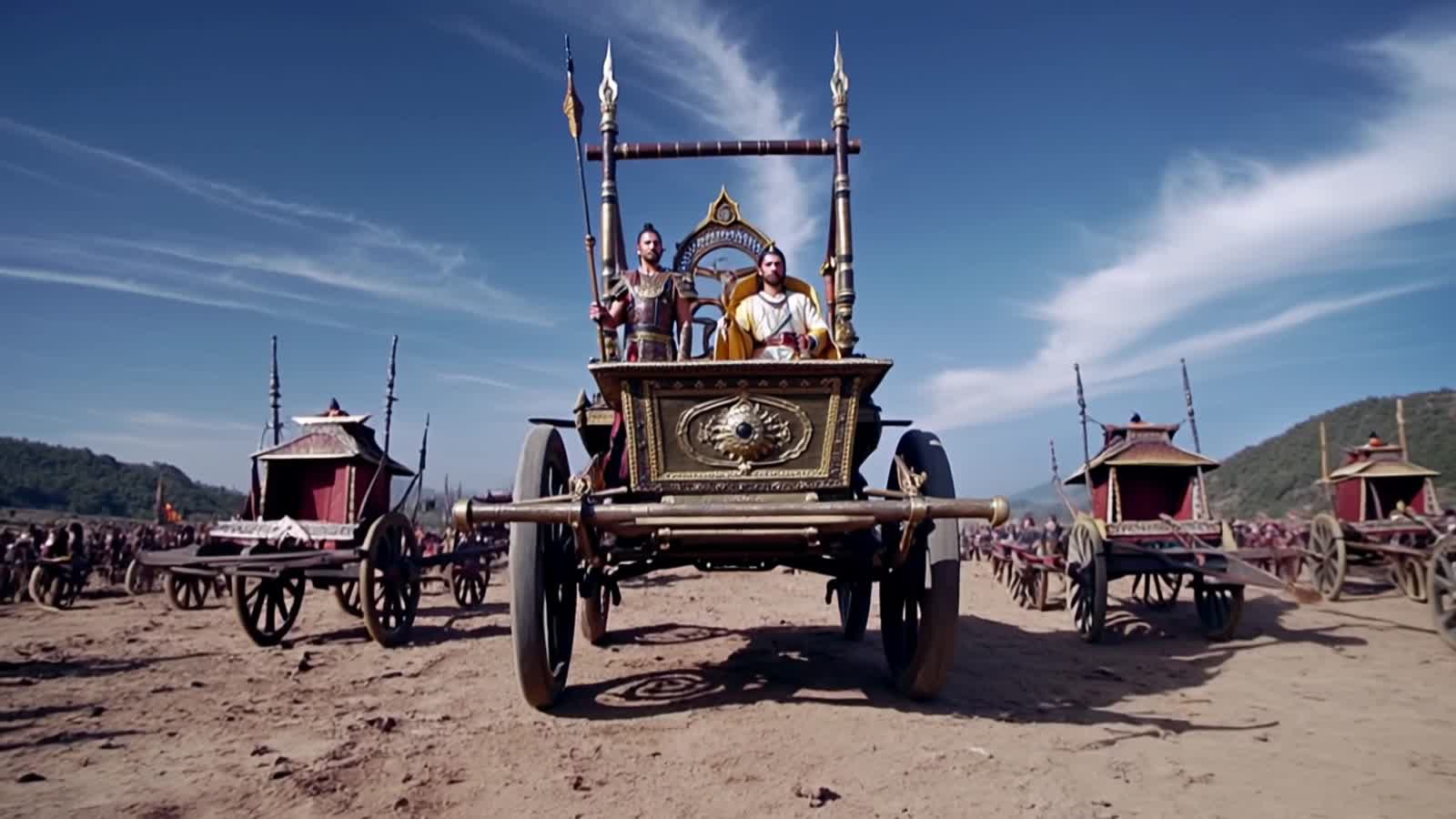 "Arjuna and Krishna standing on a chariot in Kurukshetra battlefield, epic scene, dramatic lighting, hyper-realis...