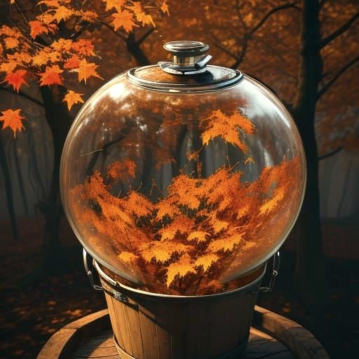 A strange double-exposure photograph showing a close-up of an autumn forest caught in a windstorm, all contained within a bucket, viewed thr...