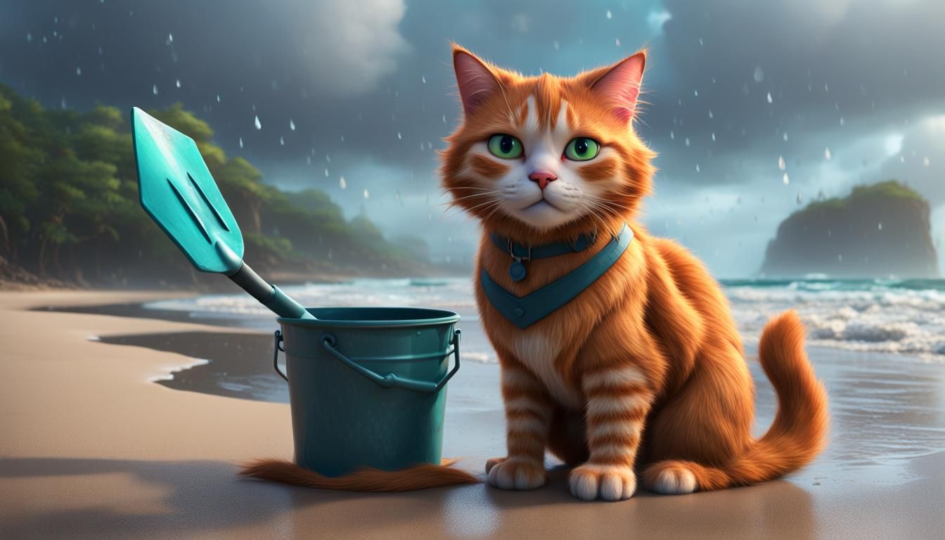 fluffy ginger kittien sitting on the beach dark day rain (pa...