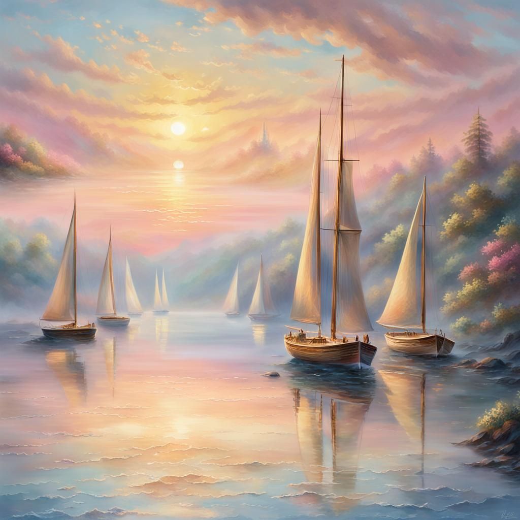 Dreamy Seascape with Sailboats at Sunset