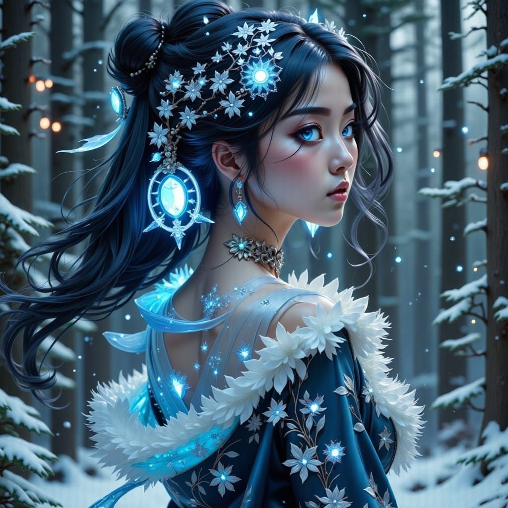 <lora:Project Sakura Fx:1.0>, Portraiture of ethereal frost snow-covered woman, auroral luminescence infused in delicate facial features, pe...