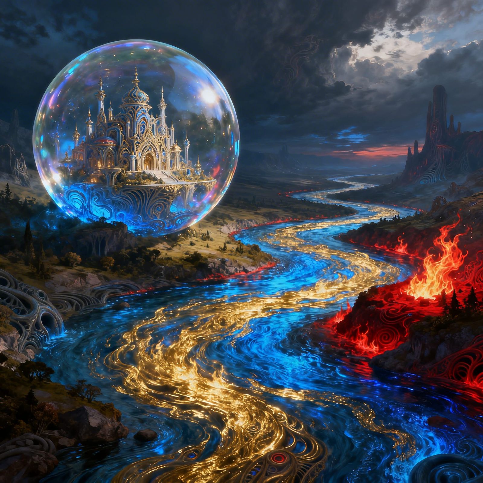 Fantasy River of Fire with a Palace in a Bubble
