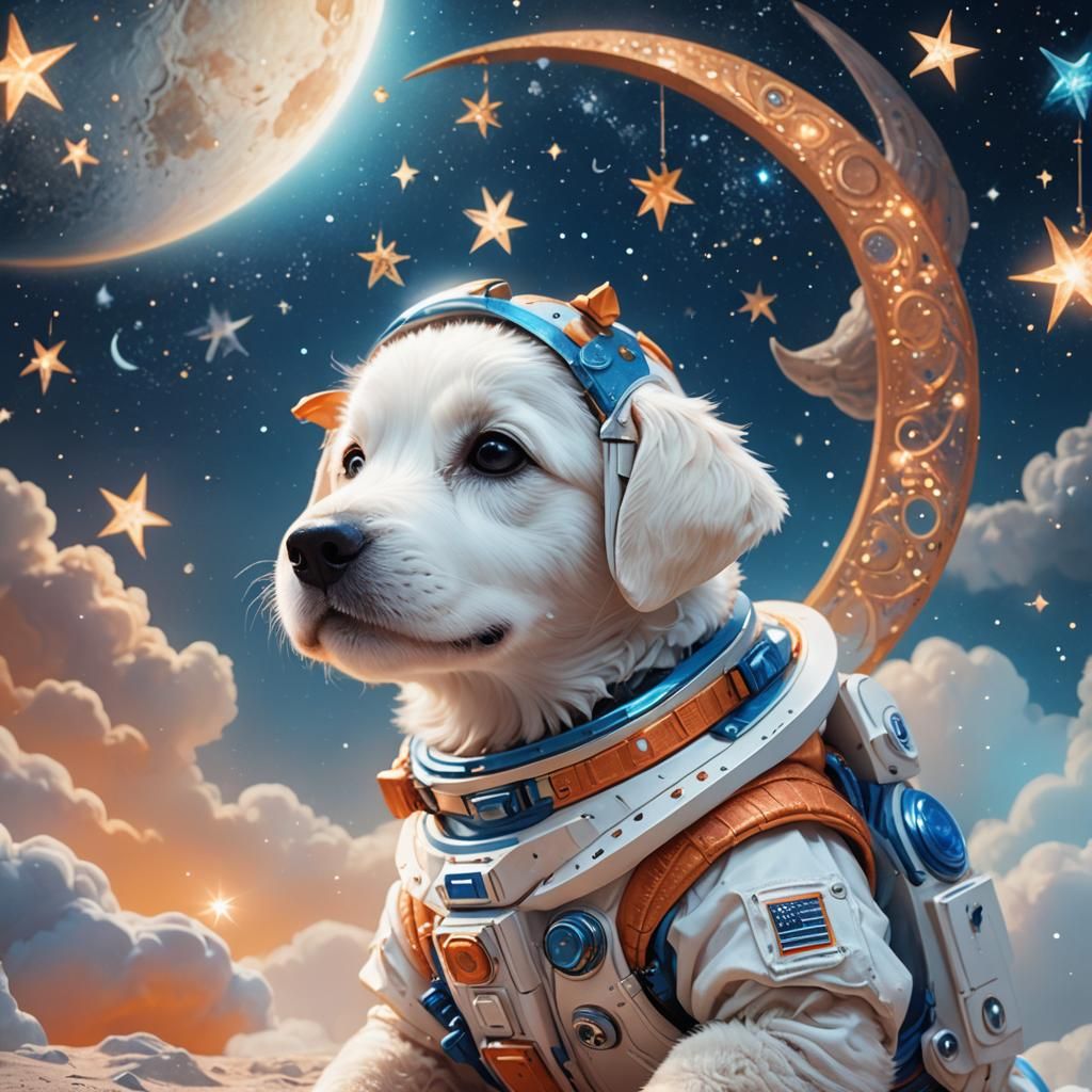 Puppy on the Moon in Spacesuit: Dreamy Matte Painting
