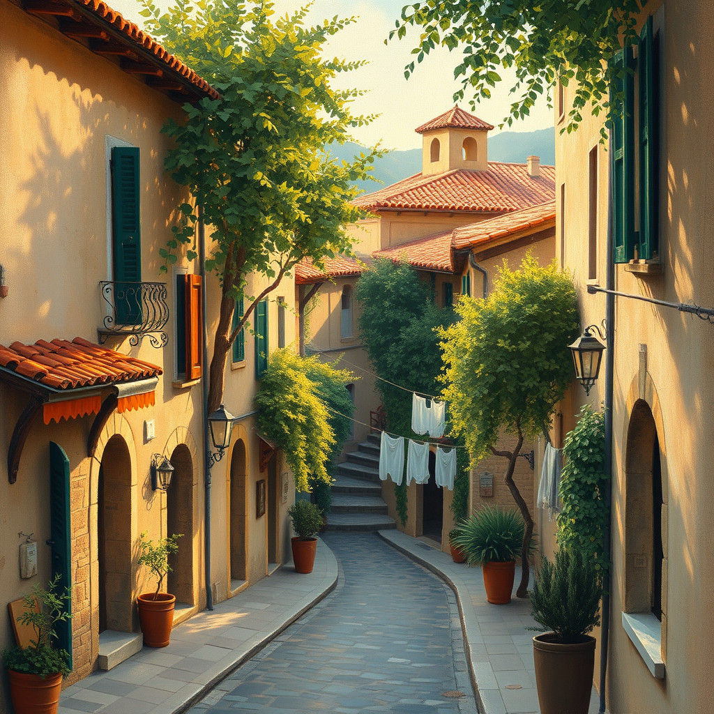 Idyllic Mediterranean Village in Impressionist Style
