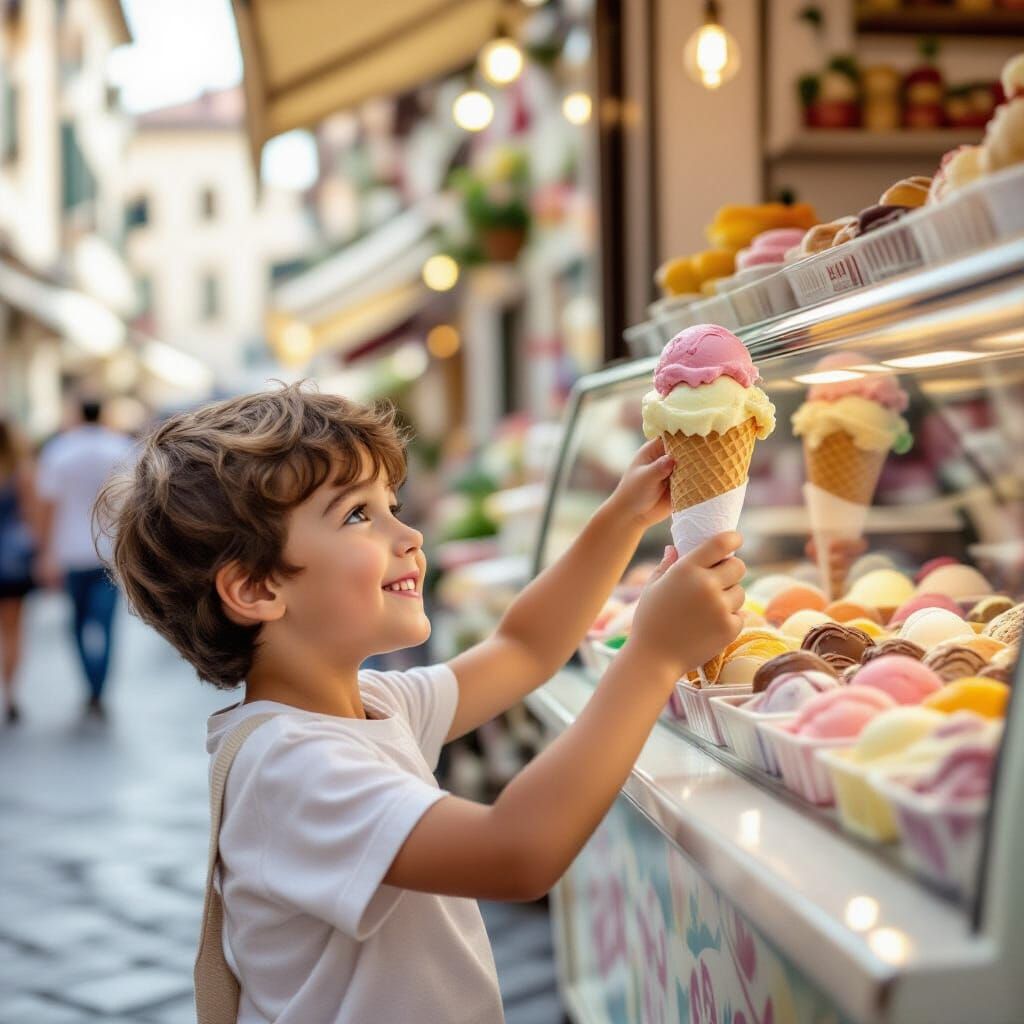 Main Subject & Focal Point:
A small boy, around 6-8 years old, standing expectantly in front of an Italian ...  by @CyberneticBionic
