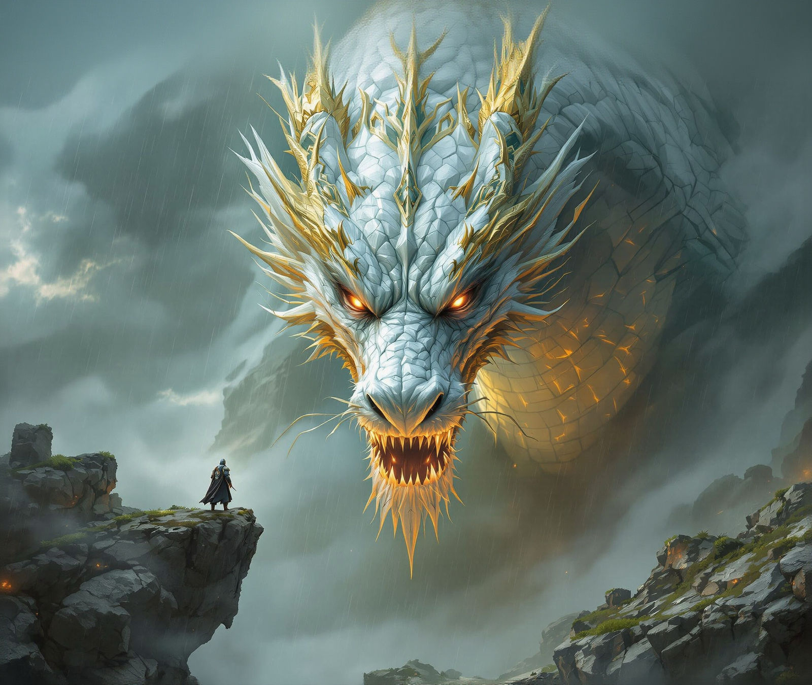 Hyperdetailed front-facing close-up portrait, rough colossal white and gold angry Chinese dragon, looking ...  by @Summerchild