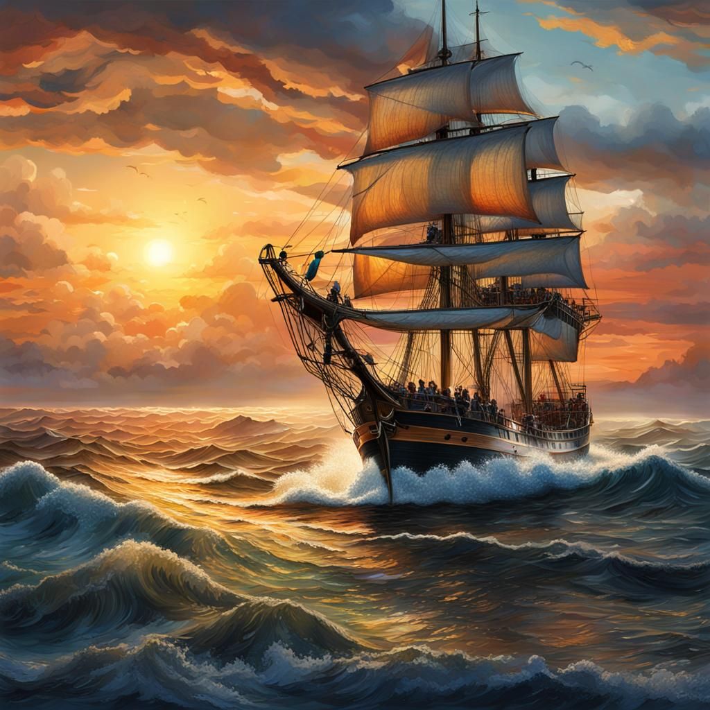 Tall ship sailing into dawn, majestic atmosphere, coast at t...