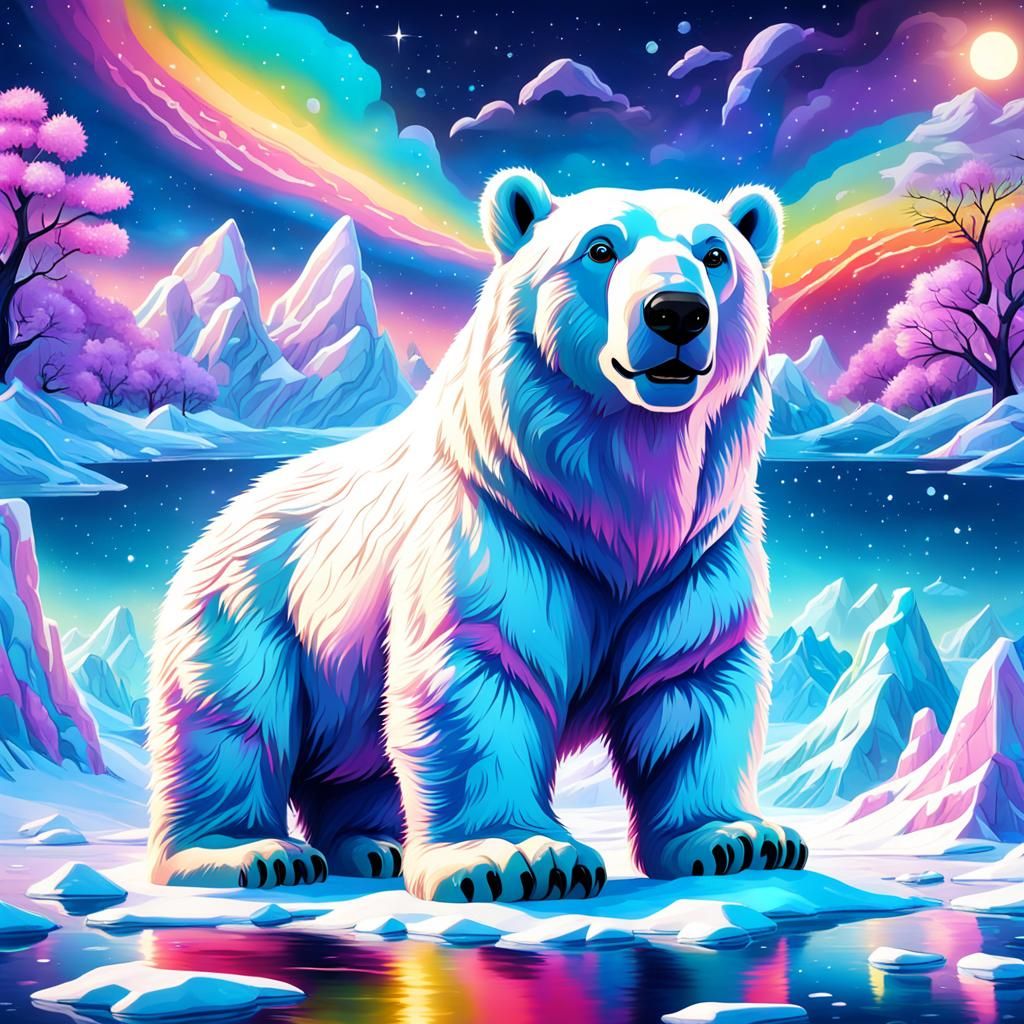 Cute polar bear on the ice with a night sky Lisa frank style