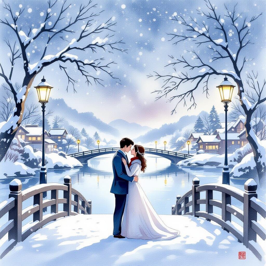 Romantic Couple in Snowy Ukiyo-e Landscape