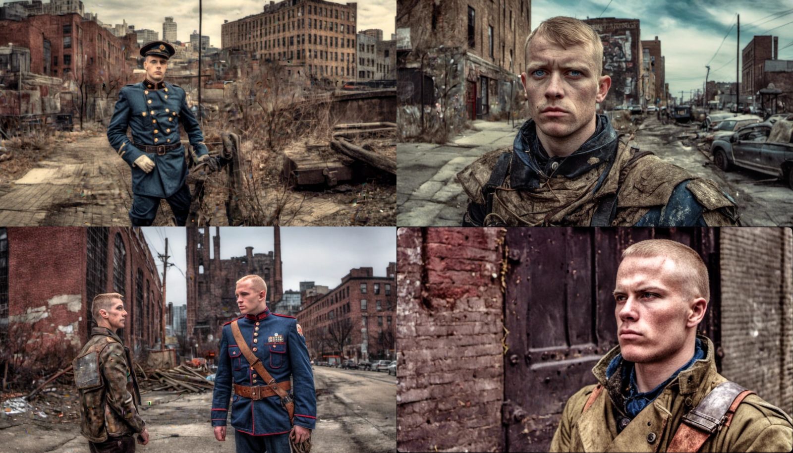 <lora:Eraserpunk:1.0> Handsome soldier, blonde buzzcut, blue...