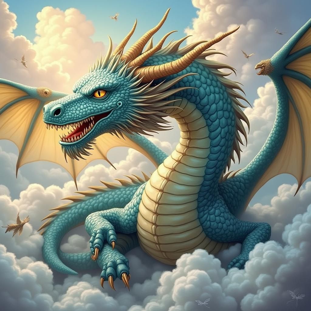 Ethereal dragon in the clouds ethereal fantasy hyperdetailed mist Thomas Kinkade