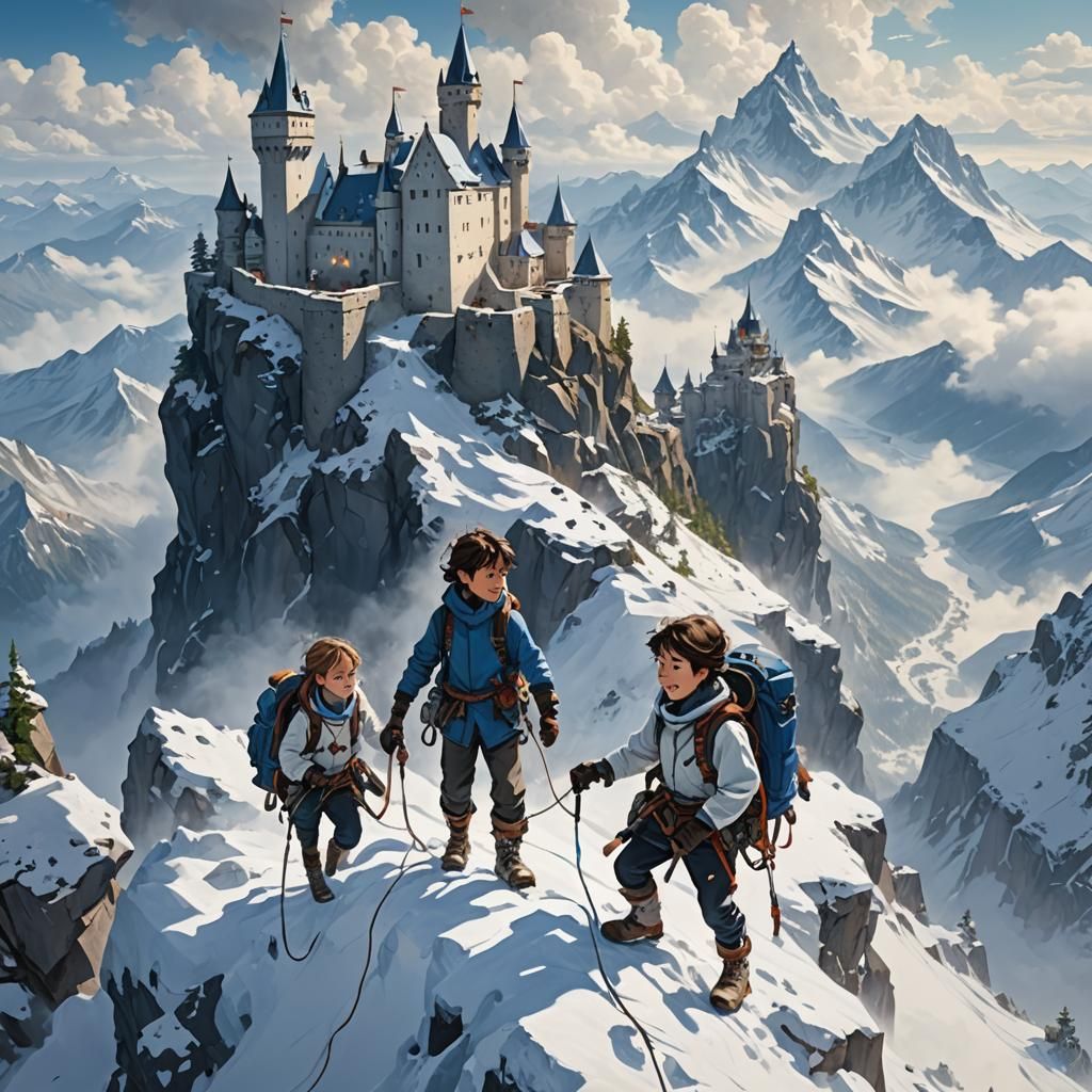 Adventurous siblings, geared with rope and grappling hooks, ...