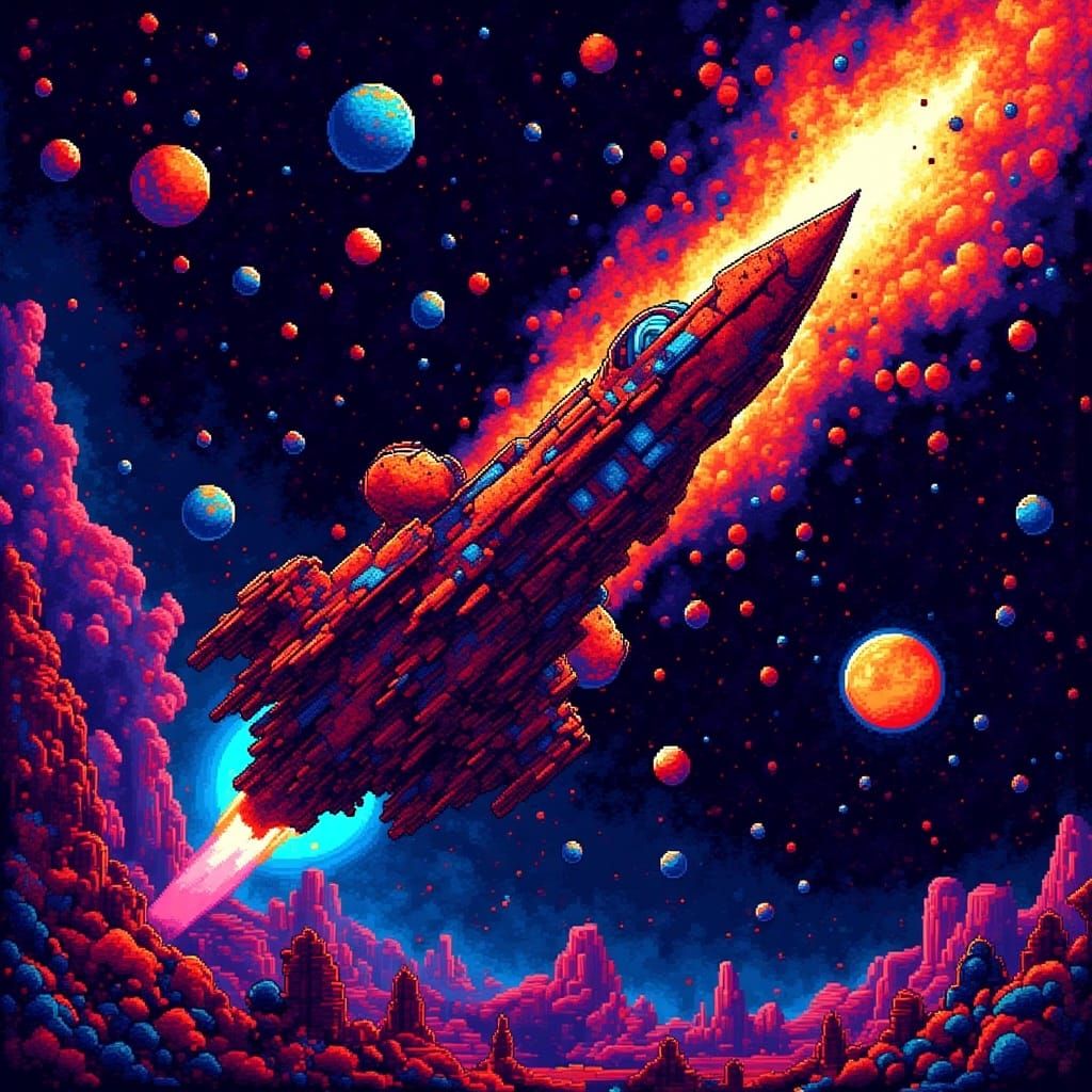 spaceship in space <lora:8bitcity flux:1.0> (8 bit pixel art:1.8) Spectacular detailed fine-art illustration in the dramatic pixel art creat...