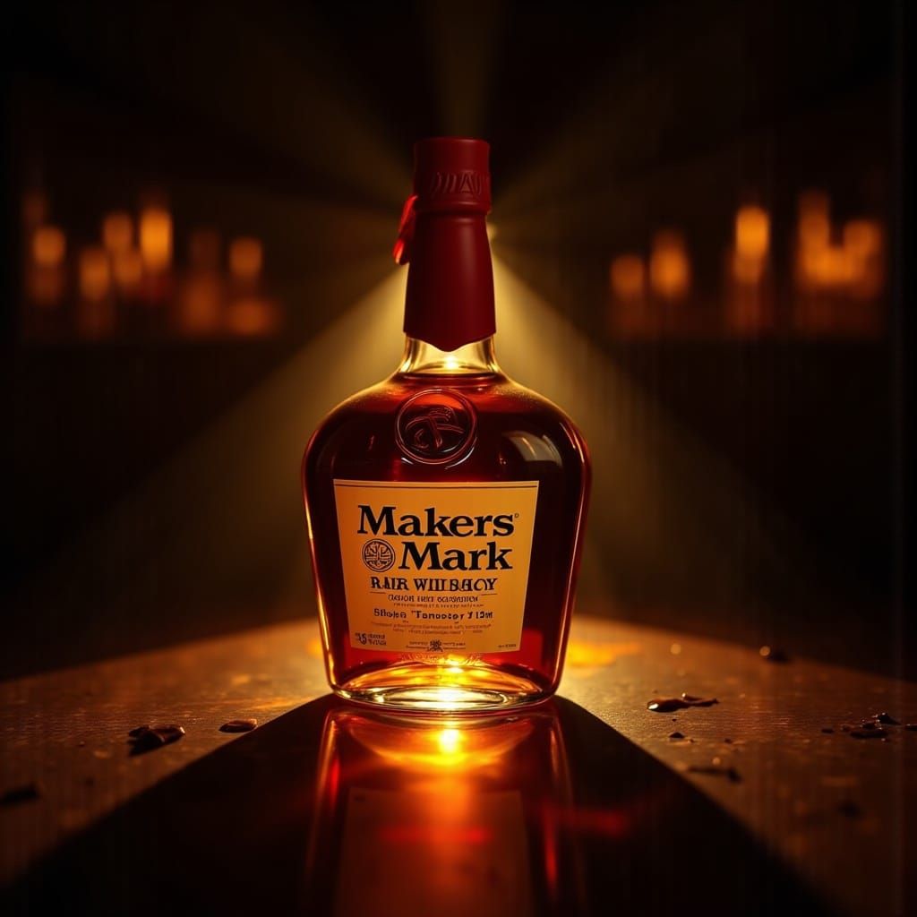 <lora:HyperPhotoRealism:1.0> a beautifully back lit bottle of 'Makers Mark' bourbon sitting on a bar with spills. HDR hyperphotorealism.