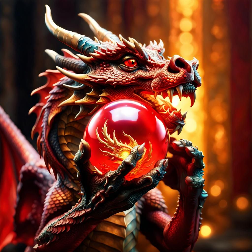 Gold dragon holding a glowing red orb