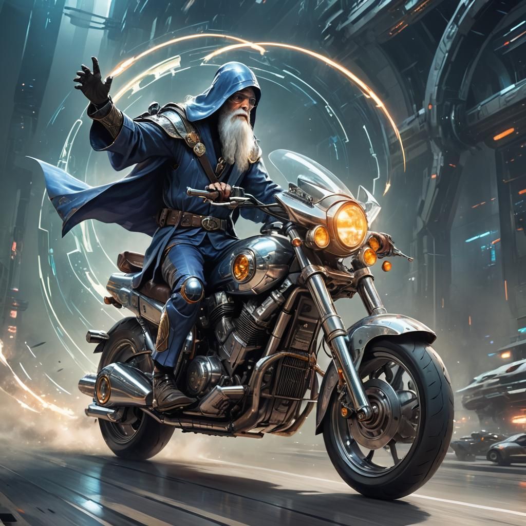 A wizard riding a futuristic motorcycle.