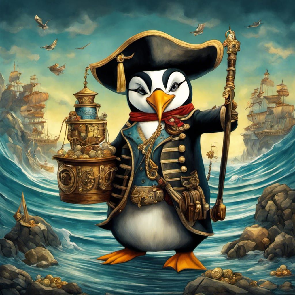 Pirate penguin with his treasure - AI Generated Artwork - NightCafe Creator