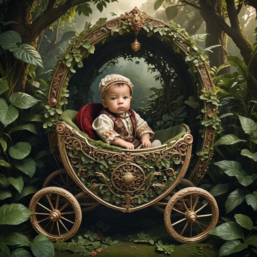 Baby in Ornate Stroller Surrounded by Lush Greenery