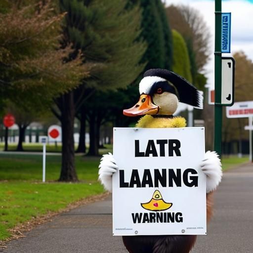 A duck holding a sign, sign text: "Learning"