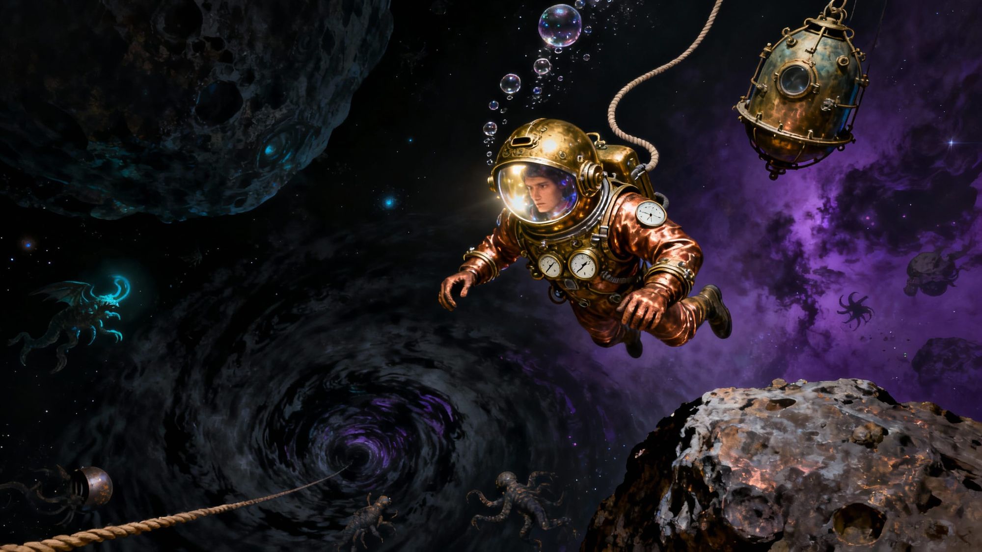 Deep space diver in ornate brass and copper suit leaps from asteroid edge into dark matter ocean, helmet glows with internal light revealing...